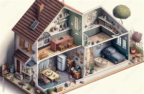 Generative AI Illustration Of Cutaway House Isometric Housing