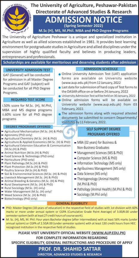 The University Of Agriculture Peshawar Spring 2022 Admissions