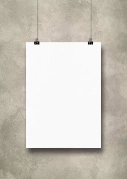 White Poster Hanging On A Light Concrete Wall With Clips Blank Mockup