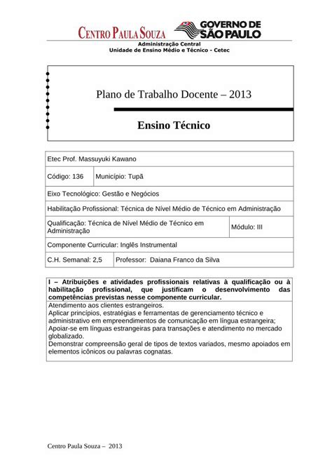 PDF Plano de Trabalho Docente 2013 Ensino Técnico de leitura