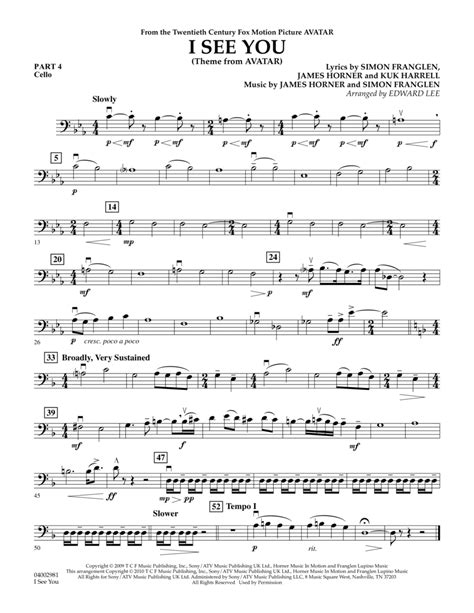 I See You Theme From Avatar Pt4 Cello By Leona Lewis Concert Band Digital Sheet Music