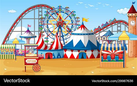 Scene with circus rides on beach at day time Vector Image