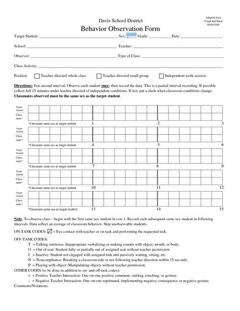 Printable Teacher Observation Form