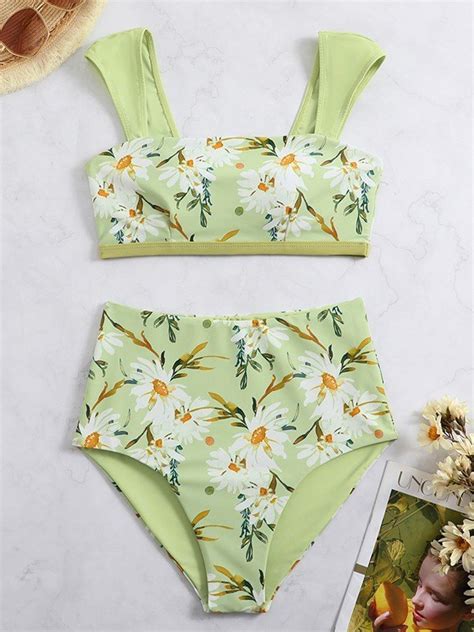 Emmiol Free Shipping 2024 Green Floral Print High Waisted Bikini Set