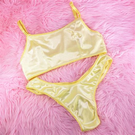 Buy 80s Style Stretch Satin Shiny Yellow HIGH LEG CUT Silky Smooth Wetlook Full Bikini Bra