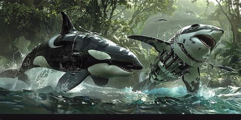 Orca And Great White Shark Fighting Cinematic Digital Art Premium AI