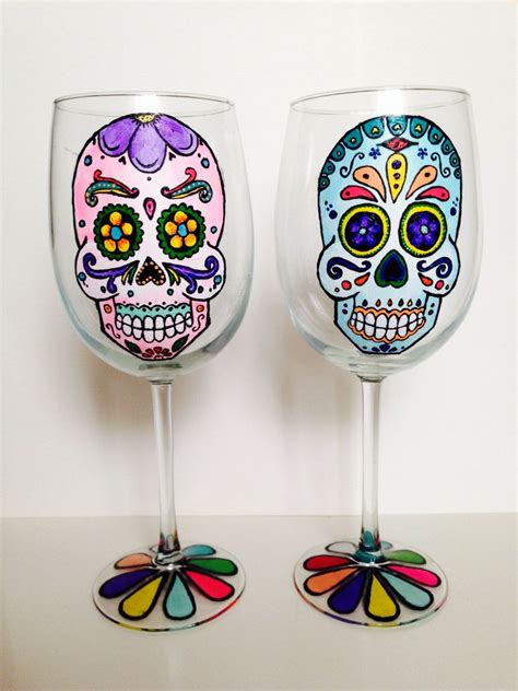 Handpainted Sugar Skull Wine Glass Set By Getwinedup On Etsy 28 00 Sugar Skull Decor Hand