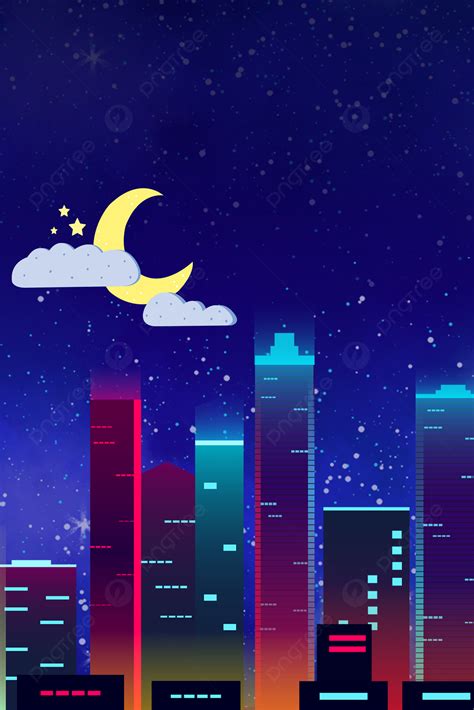 Neon Color Minimalist Cartoon City Night Sleep Starry Sky Poster ...