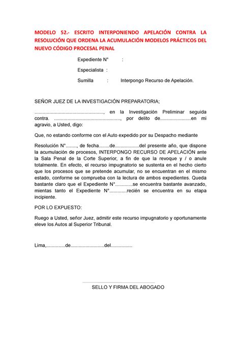 Escrito Interponiendo Apelación Contra LA Resolución Ordena Acumulación