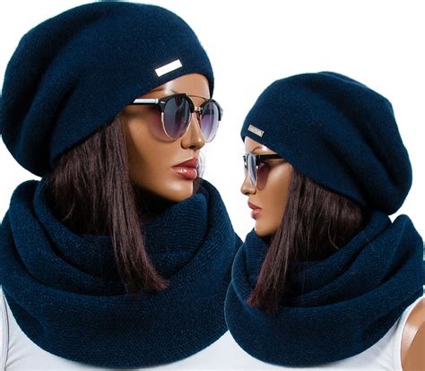 Komplet Czapka Beret Komin Szalik Elegancki Zimowy Kolory