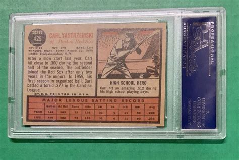 1962 Topps 425 Carl Yastrzemski PSA 6 EX MT Nice Centering Free