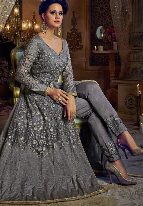 Buy Grey Color Net And Banglori Silk Party Wear Lehenga Kameezin Uk