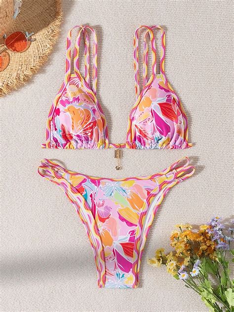 Shein Swim Women S Summer Beach Floral Print Sexy Bikini Set Piece