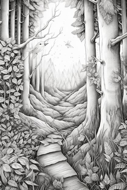 Pencil drawing of a path through a forest with trees and a stream ...