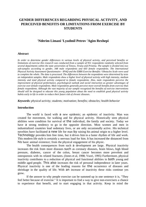 Pdf Gender Differences Regarding Physical Activity And Perceived Benefits Or Limitations From