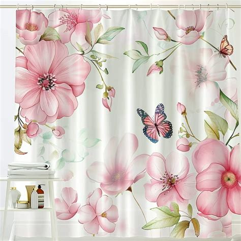 Watercolor Floral Shower Curtain With Pink Flowers And Butterflies