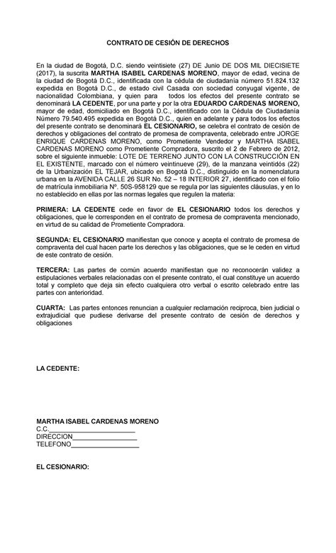 Modelo De Contrato De Cesion De Derechos Posesorios Argentina