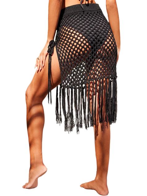 MEDIUM ZAFUL Women S Crochet Bikini Cover Up Skirt Tassel Elastic Waist Drawstring Knit Hollow