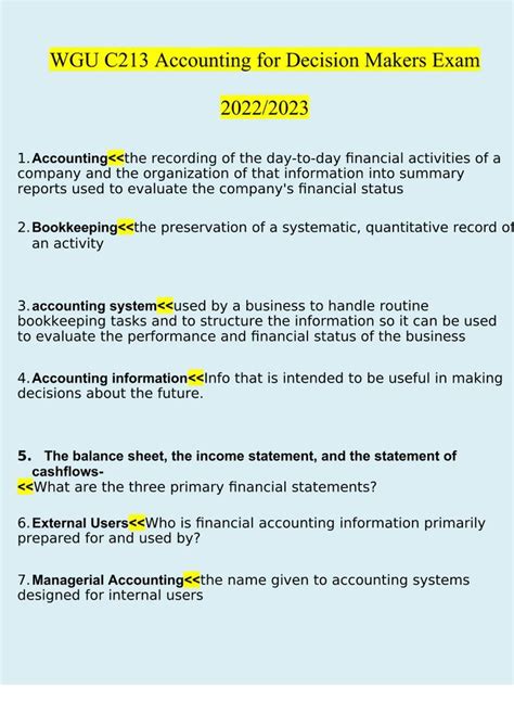 WGU C213 Accounting For Decision Makers Exam Questions And Answers