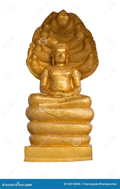 The Gold Buddha Statue Sitting On Seven Heads Snake Isolated On White