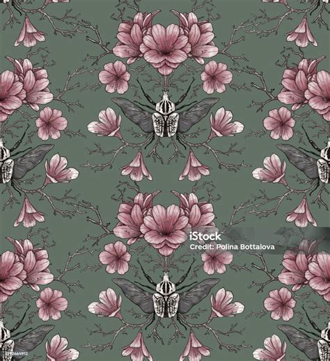 Seamless Pattern With Pink Flowers And Beetles On A Green Background