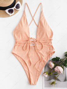 26 OFF HOT 2020 ZAFUL Plunge Ribbed Drop Armhole High Cut One Piece Swimsuit In LIGHT