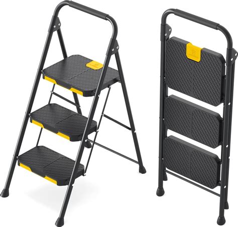 KINGRACK 3 Step Ladder Sturdy Steel Step Stool With Safe Lock Design