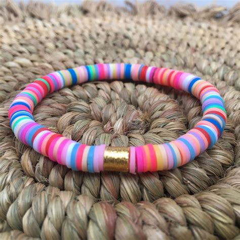 Colorful Disc Bead Bracelet Gold Center Bead Rubber Bracelet Etsy