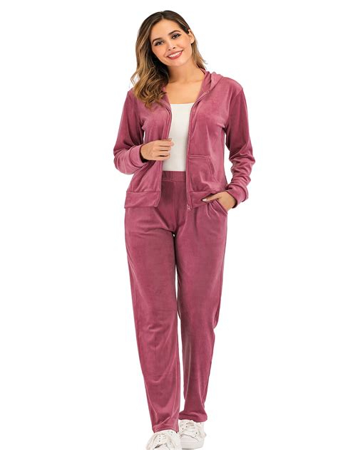 Classic Womens Long Sleeve Solid Velour Sweatsuit Set Hoodie And Pants