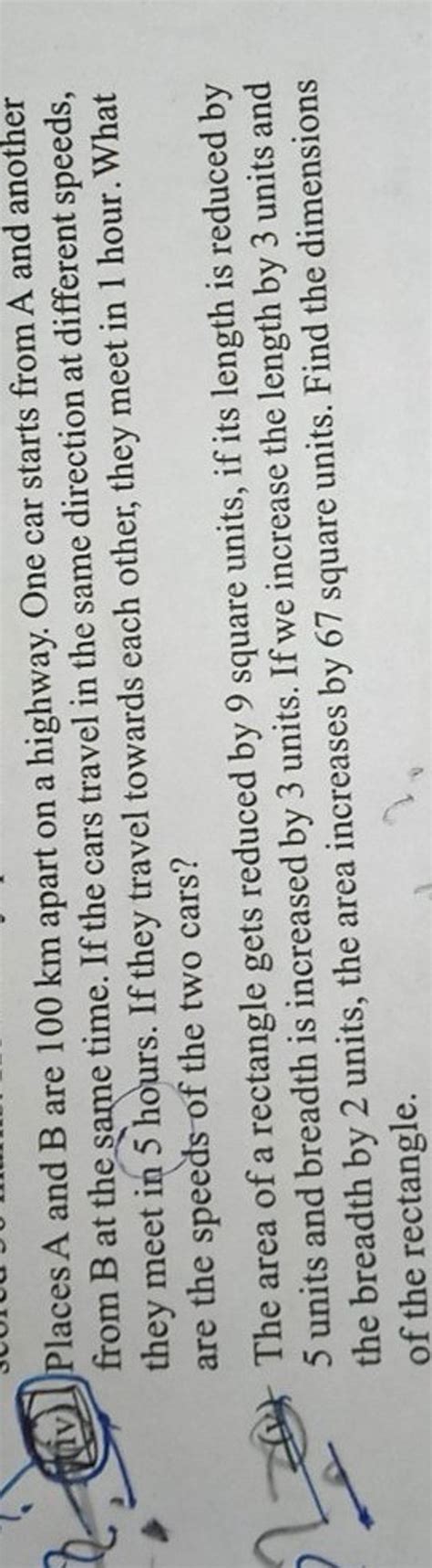 Places A And B Are Km Apart On A Highway One Car Starts From A And A