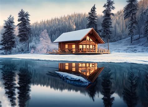 Premium Ai Image Winter Retreat Cozy Cabin By A Frozen Lake With