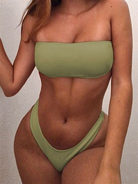 Off High Cut Ribbed Bandeau Bikini Set In Pea Green Zaful