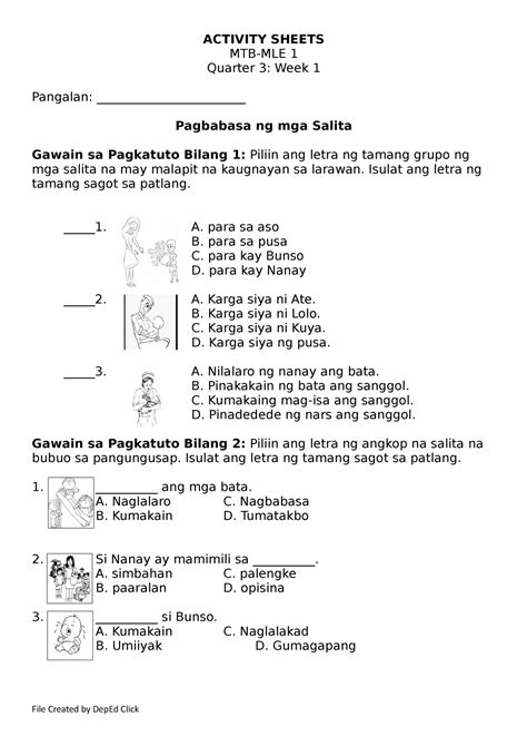 Mtb Mle 1 Activity Sheet Q3 W1 Activity Sheets Mtb Mle 1 Quarter 3