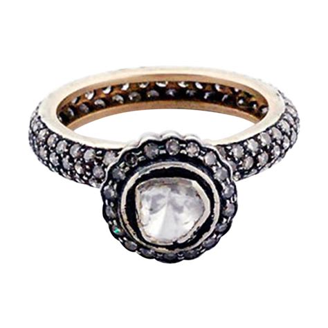 Solitaire Rose Cut Diamond Ring with Pave Diamond Band in Gold and ...