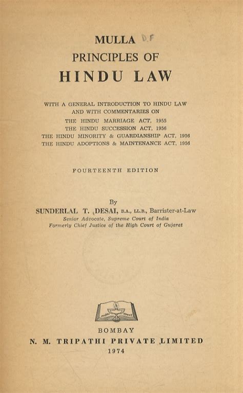 Mulla Principles Of Hindu Law With A General Introduction To Hindu Law