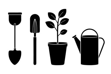 Spade Trowel Watering Can Plant Pot Garden For Black Silhouette Vector