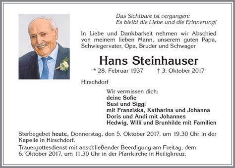 Traueranzeigen von Hans Steinhauser Allgäuer Zeitung