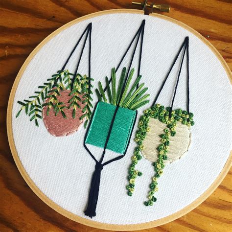 Hanging Plants In Pots Embroidery Wall Garden Pastel Plant Pots