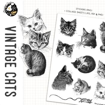 Printable Vintage Cat Stickers, PNG, JPG and PDF by Moonlight Creations