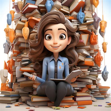 Ilustração 3d de um personagem de desenho animado lendo um livro