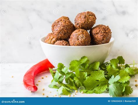 Traditional Homemade Chickpea Falafel Balls In A Bowl With Coriander