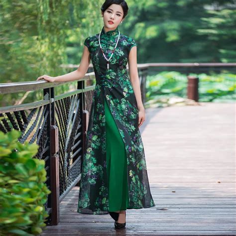 Green Vietnam Ao Dai Chinese Traditional Dress Chinese Dress Qipao Long