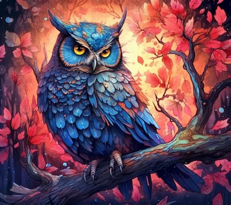 Pintura de un búho azul sentado en una rama en un bosque ai generativo