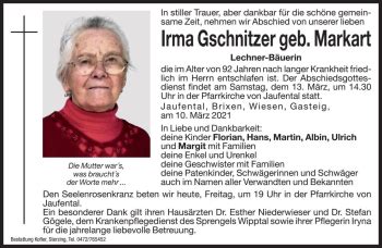 Traueranzeigen Von Irma Gschnitzer Trauer Bz