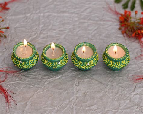 Collectible India Terracotta Waxed Clay Diya Set Candles For Diwali