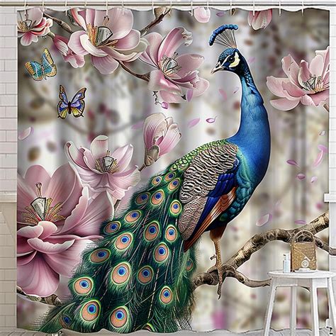 Hyper Realistic Peacock Shower Curtain With Pink Flowers And