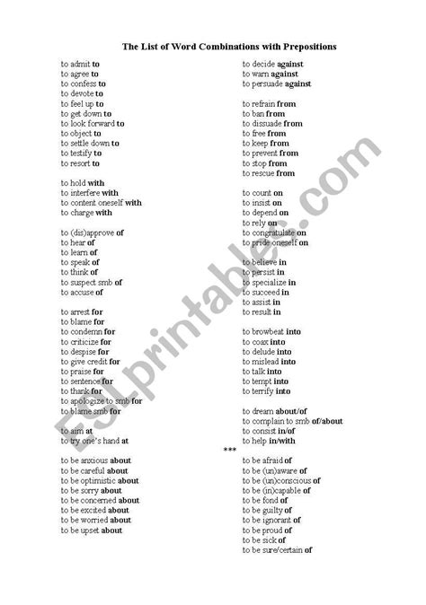 The List of Word Combinations with Prepositions - ESL worksheet by katrinz