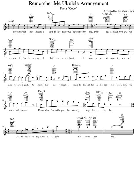 Remember Me Coco Ukulele Arrangement Sheet Music For Vocals Solo