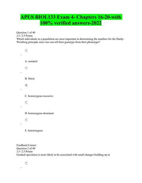 SOLUTION Apus Biol133 Exam 4 Chapters 16 20 With 100 Verified Answers