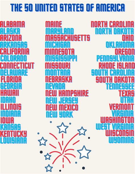 50 States List Printable Usa 50 States List Digital 50 States List